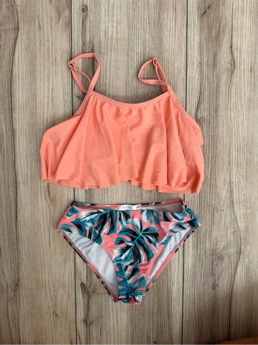 Kids Coral Two-Piece Swim Set with Tropical Print Bottom